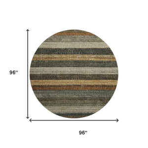HomeRoots 8' Washable Round Rug in Khaki Gray & Beige Stripes - UV Protected, Stain Resistant, Modern Design 706208