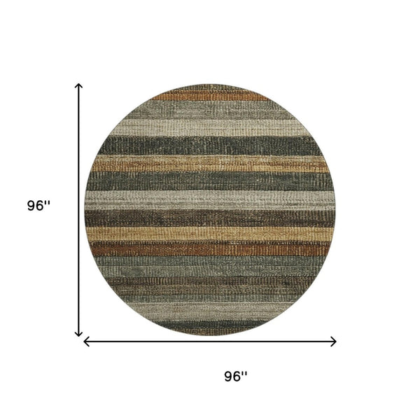 HomeRoots 8' Washable Round Rug in Khaki Gray & Beige Stripes - UV Protected, Stain Resistant, Modern Design 706208