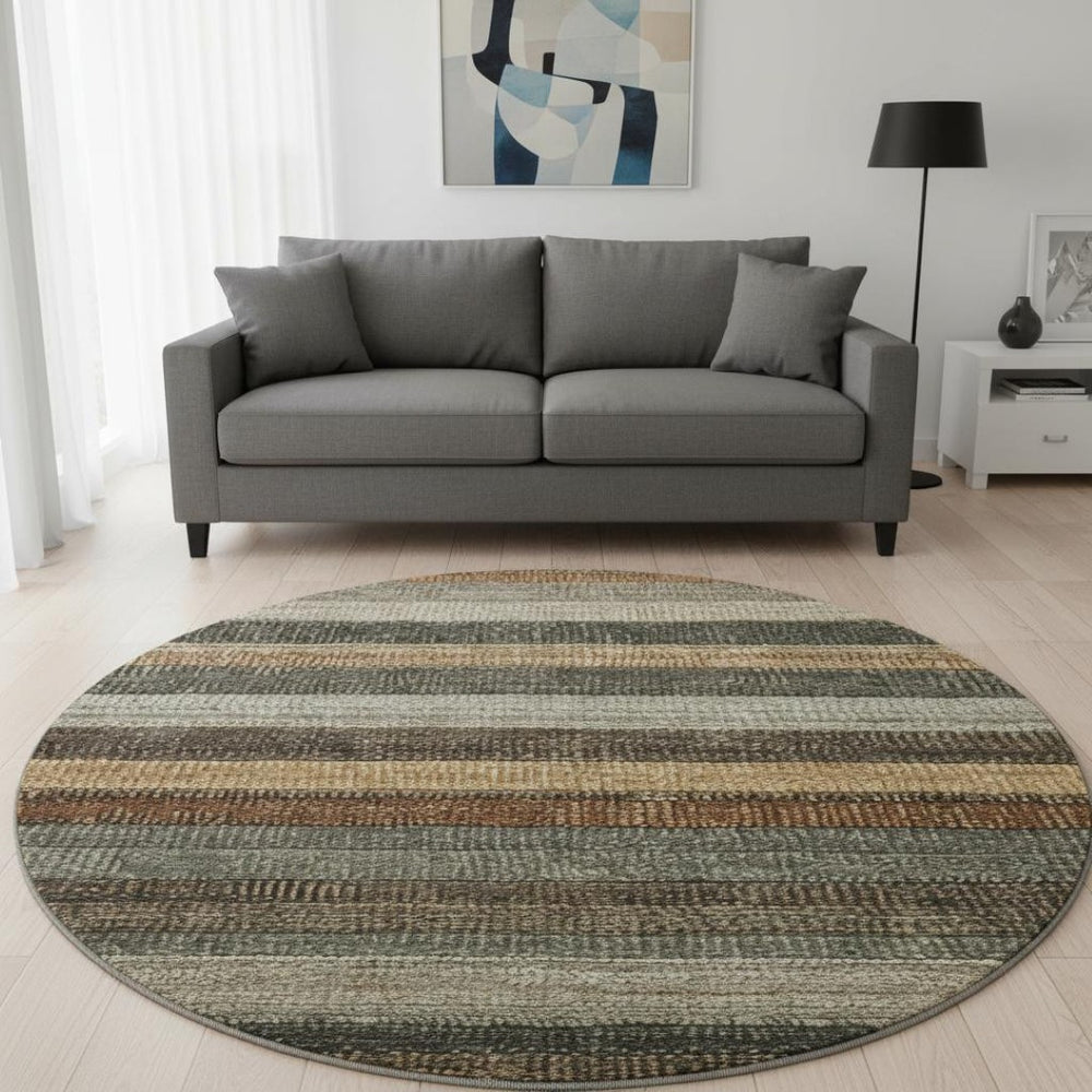 HomeRoots 8' Washable Round Rug in Khaki Gray & Beige Stripes - UV Protected, Stain Resistant, Modern Design 706208