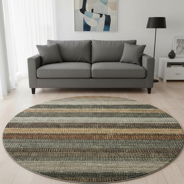 HomeRoots 8' Washable Round Rug in Khaki Gray & Beige Stripes - UV Protected, Stain Resistant, Modern Design 706208