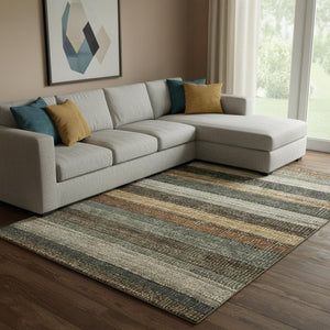 HomeRoots 8' X 10' Stylish Khaki Gray and Beige Striped Washable Area Rug with UV Protection for Homes 706209