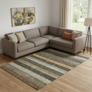 HomeRoots 9' X 12' Washable Khaki Gray & Beige Striped Area Rug - UV Protected, Durable, Perfect for Families! 706210