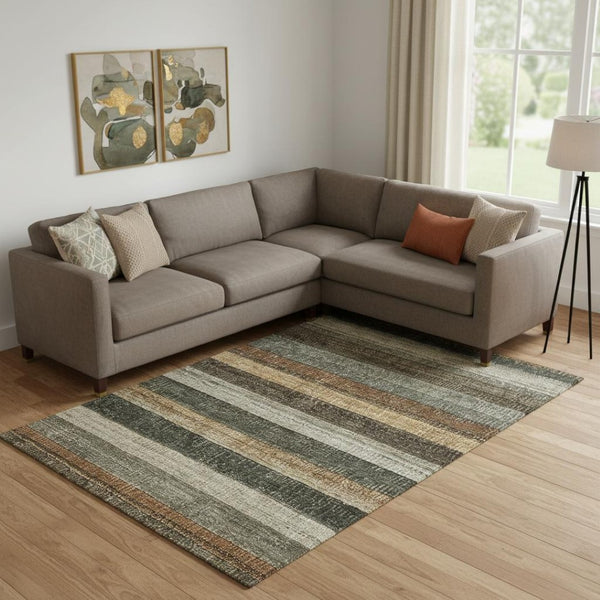 HomeRoots 9' X 12' Washable Khaki Gray & Beige Striped Area Rug - UV Protected, Durable, Perfect for Families! 706210