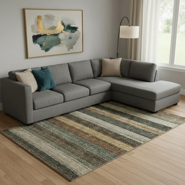 HomeRoots 10' X 14' Washable Khaki Gray & Beige Striped Area Rug with UV Protection for Stylish Living Spaces 706211