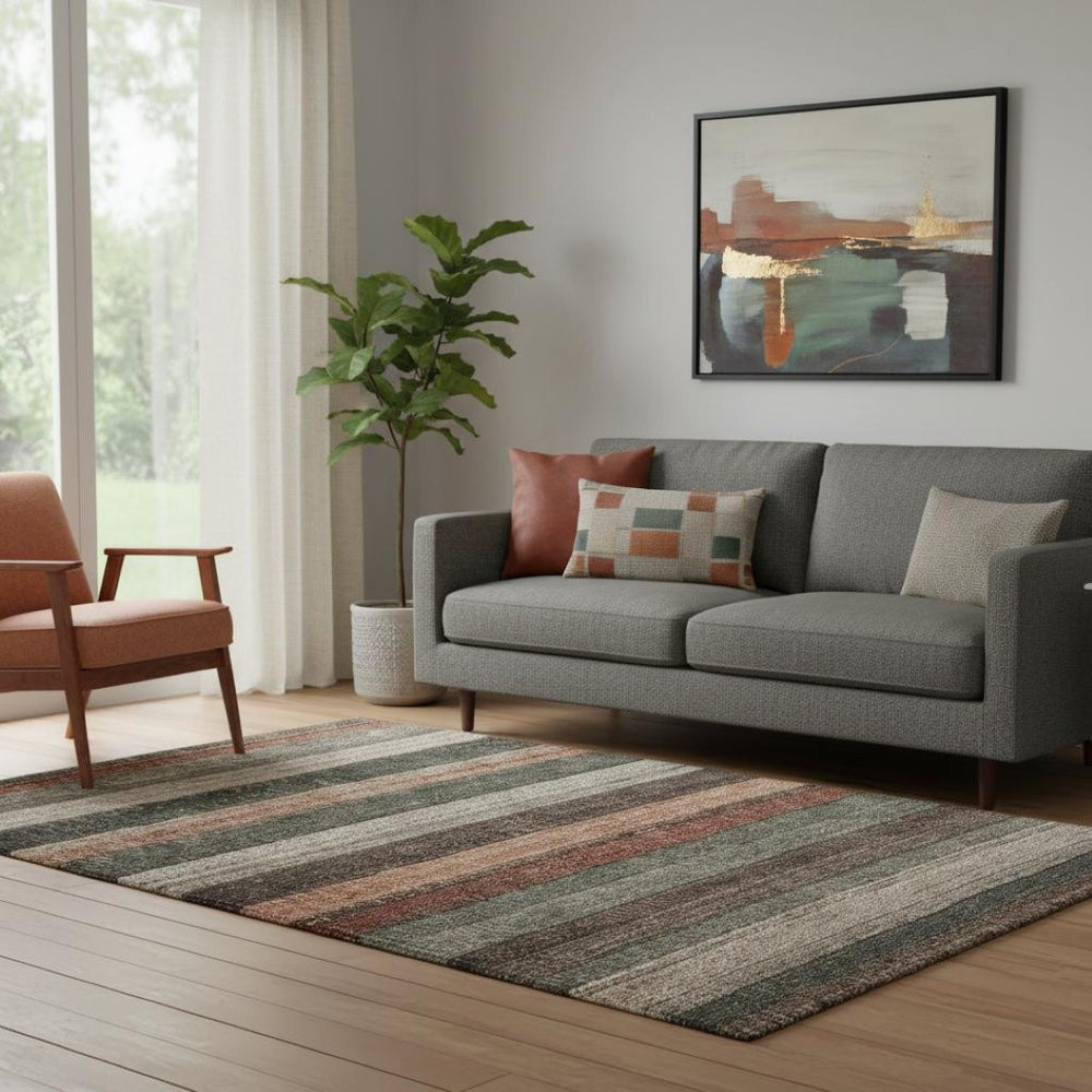 HomeRoots 5' X 8' Striped Area Rug in Rust, Gray, and Beige - Washable, UV Protected, Stain Resistant Design! 706213