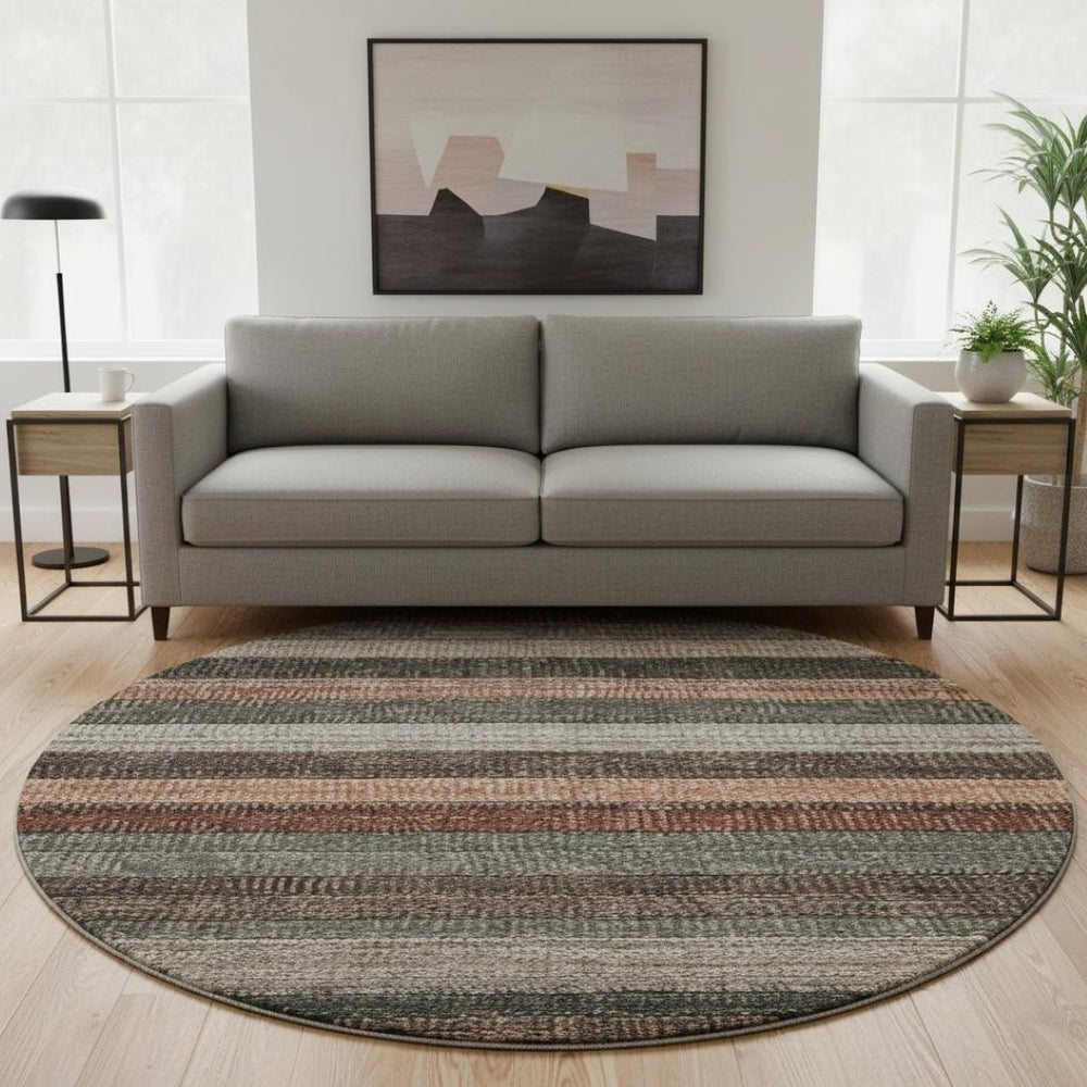 HomeRoots 8' Washable Round Rug with Rust, Gray & Beige Stripes – UV Protected, Stain Resistant, Stylish Home Decor 706214