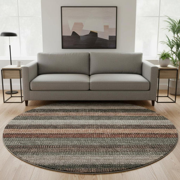 HomeRoots 8' Washable Round Rug with Rust, Gray & Beige Stripes – UV Protected, Stain Resistant, Stylish Home Decor 706214
