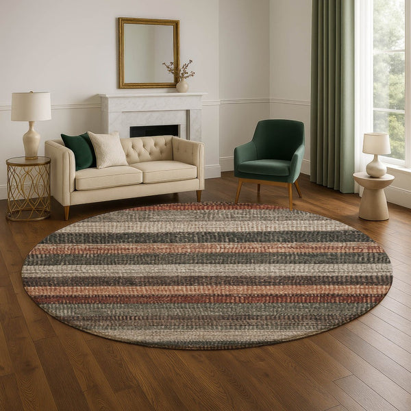 HomeRoots 8' Washable Round Rug with Rust, Gray & Beige Stripes – UV Protected, Stain Resistant, Stylish Home Decor 706214