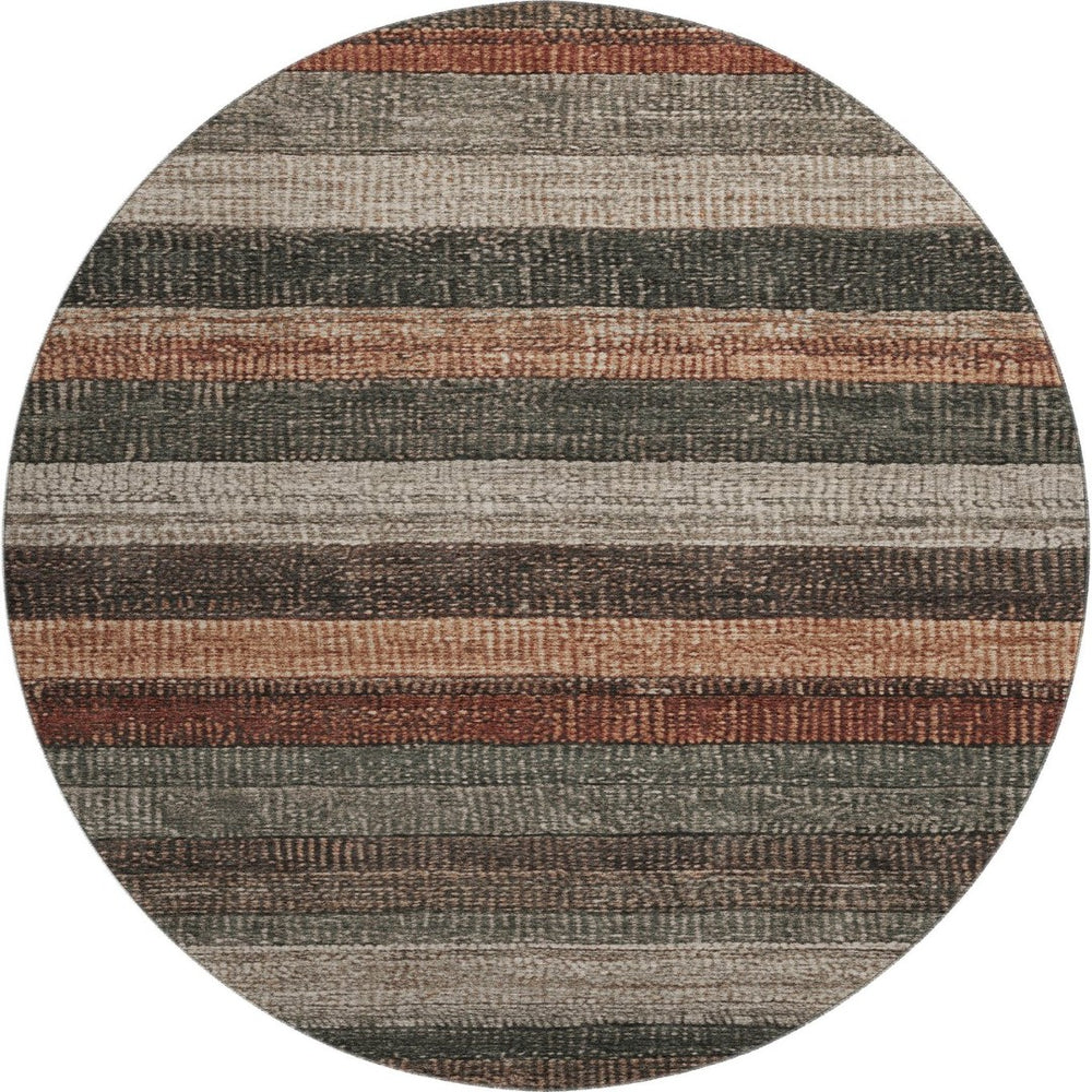 HomeRoots 8' Washable Round Rug with Rust, Gray & Beige Stripes – UV Protected, Stain Resistant, Stylish Home Decor 706214