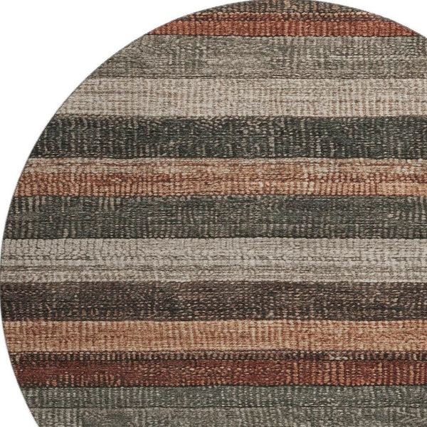 HomeRoots 8' Washable Round Rug with Rust, Gray & Beige Stripes – UV Protected, Stain Resistant, Stylish Home Decor 706214