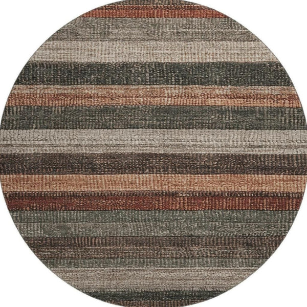 HomeRoots 8' Washable Round Rug with Rust, Gray & Beige Stripes – UV Protected, Stain Resistant, Stylish Home Decor 706214