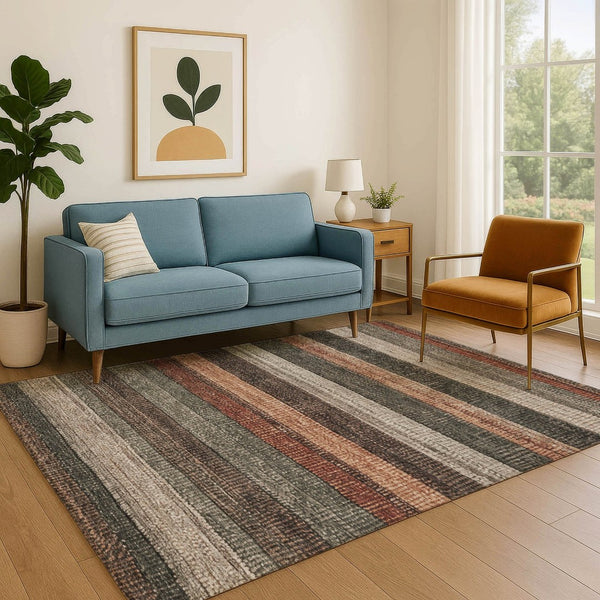 HomeRoots 9' X 12' Stylish Rust Gray & Beige Striped Area Rug - Durable, Stain Resistant, UV Protected Design 706216