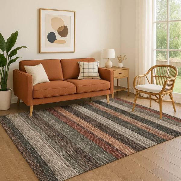 HomeRoots 10' X 14' Striped Washable Area Rug in Rust Gray & Beige - Durable, UV Protected for Busy Homes 706217