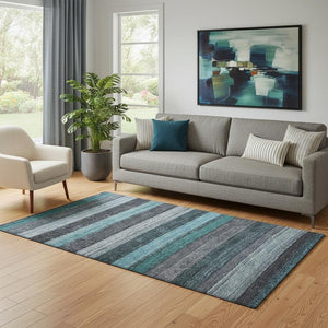 HomeRoots 5' X 8' Teal and Gray Striped Washable Area Rug - Durable, Stylish, UV-Protected for High-Traffic Spaces 706219