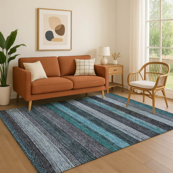 HomeRoots 5' X 8' Teal and Gray Striped Washable Area Rug - Durable, Stylish, UV-Protected for High-Traffic Spaces 706219