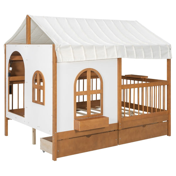 English Elm Full Size Kids House Bed with Led Bookshelf Storage Drawers and Charging Station Walnut LP000378AAL
