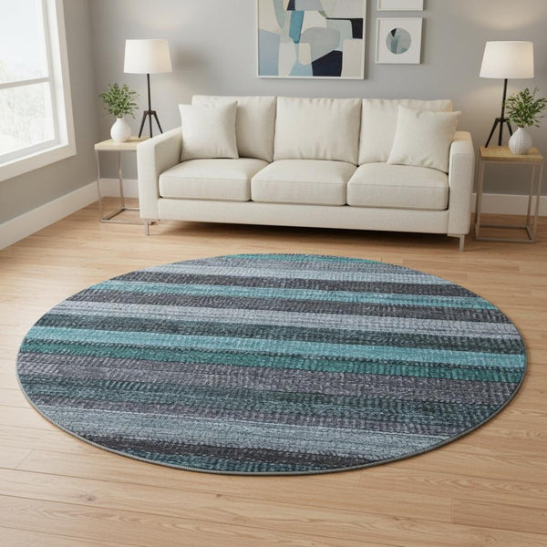 HomeRoots 8' Teal and Gray Striped Washable Round Rug - Durable, UV-Protected, Stylish for Indoor & Outdoor Use 706220