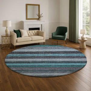 HomeRoots 8' Teal and Gray Striped Washable Round Rug - Durable, UV-Protected, Stylish for Indoor & Outdoor Use 706220