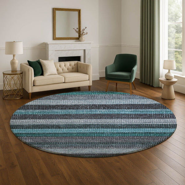 HomeRoots 8' Teal and Gray Striped Washable Round Rug - Durable, UV-Protected, Stylish for Indoor & Outdoor Use 706220