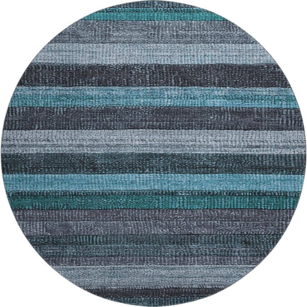 HomeRoots 8' Teal and Gray Striped Washable Round Rug - Durable, UV-Protected, Stylish for Indoor & Outdoor Use 706220