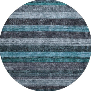 HomeRoots 8' Teal and Gray Striped Washable Round Rug - Durable, UV-Protected, Stylish for Indoor & Outdoor Use 706220