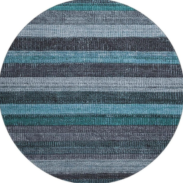 HomeRoots 8' Teal and Gray Striped Washable Round Rug - Durable, UV-Protected, Stylish for Indoor & Outdoor Use 706220