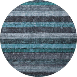 HomeRoots 8' Teal and Gray Striped Washable Round Rug - Durable, UV-Protected, Stylish for Indoor & Outdoor Use 706220