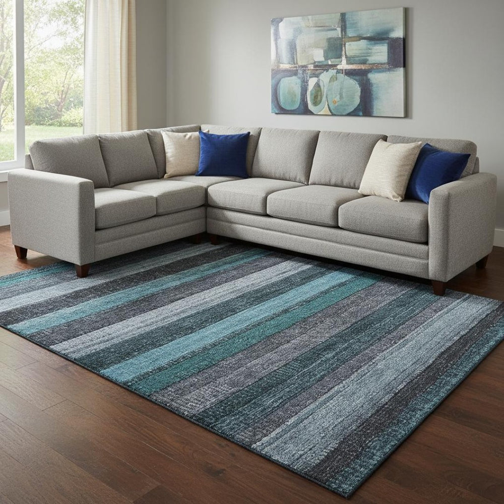 HomeRoots 8' X 10' Teal and Gray Striped Area Rug - Washable, UV-Protected, Stain-Resistant, Durable Design 706221