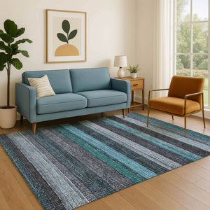 HomeRoots 8' X 10' Teal and Gray Striped Area Rug - Washable, UV-Protected, Stain-Resistant, Durable Design 706221