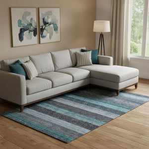 HomeRoots 9' X 12' Teal and Gray Striped Washable Area Rug - UV Protected, Stain-Resistant for Busy Homes! 706222