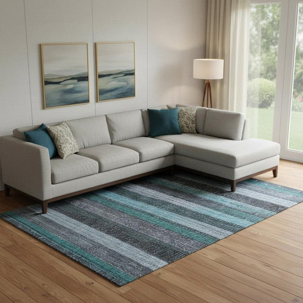 HomeRoots 10' X 14' Striped Teal and Gray Washable Area Rug with UV Protection for Stylish Living Spaces 706223