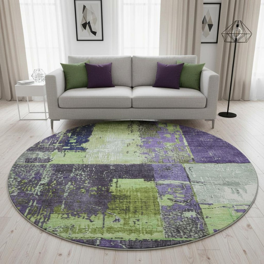 HomeRoots 8' Artichoke Green & Purple Abstract Round Rug - Washable, UV Protection, Stain-Resistant, Non-Slip 706226