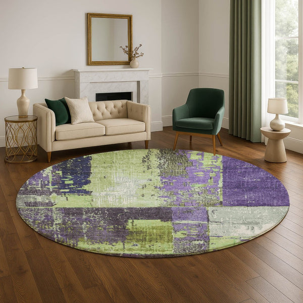 HomeRoots 8' Artichoke Green & Purple Abstract Round Rug - Washable, UV Protection, Stain-Resistant, Non-Slip 706226