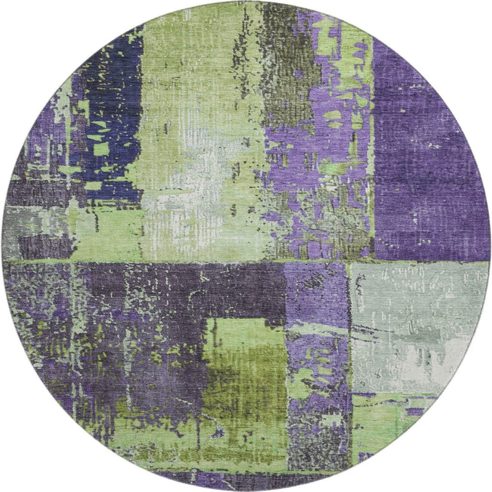 HomeRoots 8' Artichoke Green & Purple Abstract Round Rug - Washable, UV Protection, Stain-Resistant, Non-Slip 706226