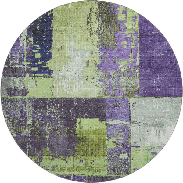 HomeRoots 8' Artichoke Green & Purple Abstract Round Rug - Washable, UV Protection, Stain-Resistant, Non-Slip 706226