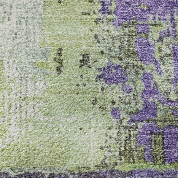 HomeRoots 8' Artichoke Green & Purple Abstract Round Rug - Washable, UV Protection, Stain-Resistant, Non-Slip 706226