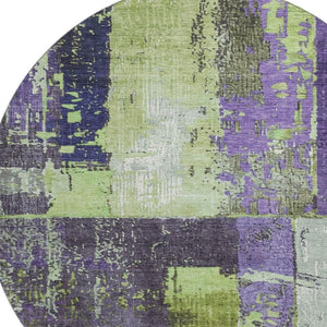 HomeRoots 8' Artichoke Green & Purple Abstract Round Rug - Washable, UV Protection, Stain-Resistant, Non-Slip 706226