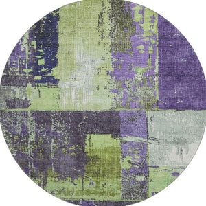 HomeRoots 8' Artichoke Green & Purple Abstract Round Rug - Washable, UV Protection, Stain-Resistant, Non-Slip 706226