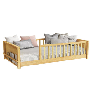 English Elm Twin Floor Platform Bed With Book Rack & Fence, Durable Natural Finish For Cozy Kids' Rooms W504P345766-GIGA