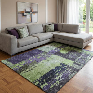 HomeRoots 8' X 10' Washable Abstract Area Rug in Artichoke Green & Purple - Durable, UV-Protected & Stylish 706227