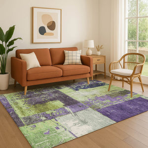 HomeRoots 8' X 10' Washable Abstract Area Rug in Artichoke Green & Purple - Durable, UV-Protected & Stylish 706227