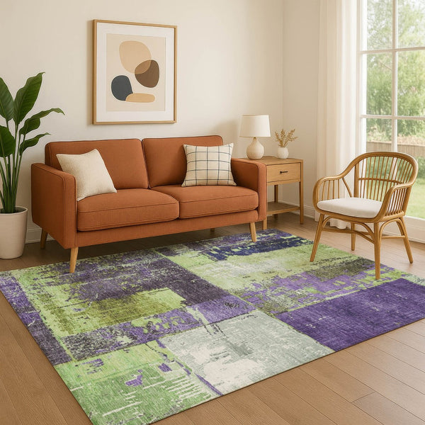 HomeRoots 8' X 10' Washable Abstract Area Rug in Artichoke Green & Purple - Durable, UV-Protected & Stylish 706227