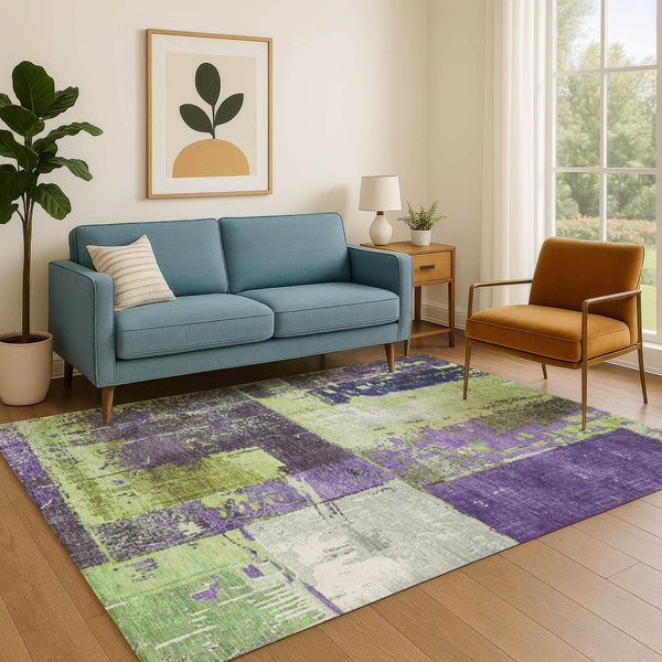 HomeRoots 8' X 10' Washable Abstract Area Rug in Artichoke Green & Purple - Durable, UV-Protected & Stylish 706227