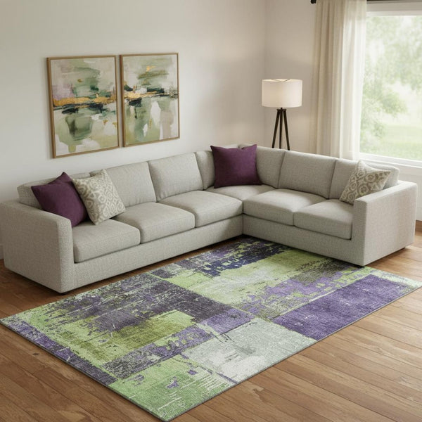 HomeRoots 9' X 12' Abstract Artichoke Green & Purple Washable Area Rug – Stylish, Stain Resistant & UV Protected 706228