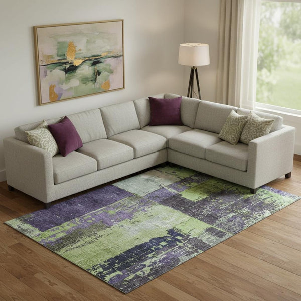 HomeRoots 10' X 14' Artichoke Green & Purple Abstract Washable Rug - Stain Resistant, UV Protected, Stylish Comfort 706229