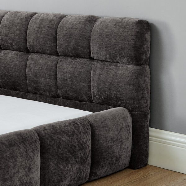 English Elm King Platform Bed Fully Upholstered in Plush Chenille with Low Profile Modern Frame Dark Gray W487S00467