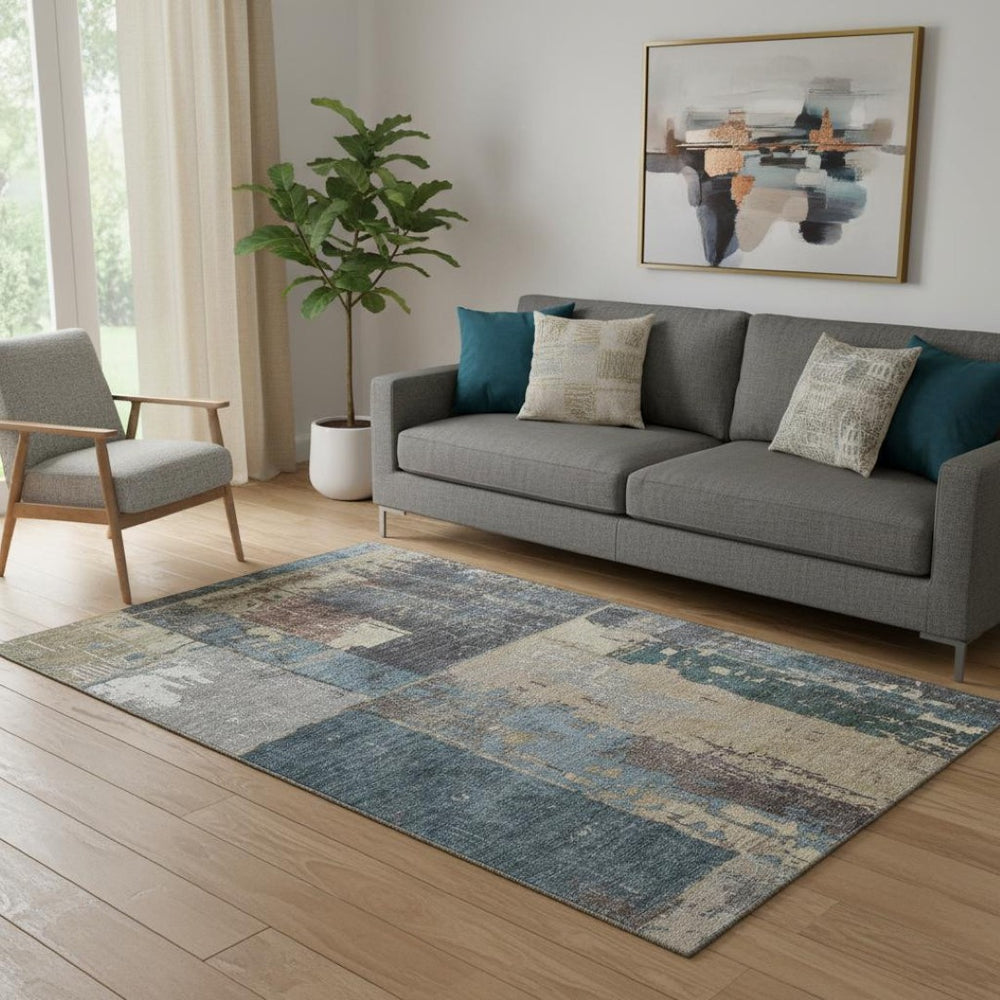 HomeRoots 5' X 8' Beige and Blue Abstract Area Rug – Washable, UV-Protected, Durable for Pets & Kids' Spaces 706231