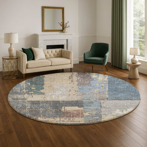 HomeRoots 8' Beige and Blue Abstract Round Rug - Stylish, Washable, UV-Protected for High-Traffic Areas 706232