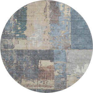 HomeRoots 8' Beige and Blue Abstract Round Rug - Stylish, Washable, UV-Protected for High-Traffic Areas 706232