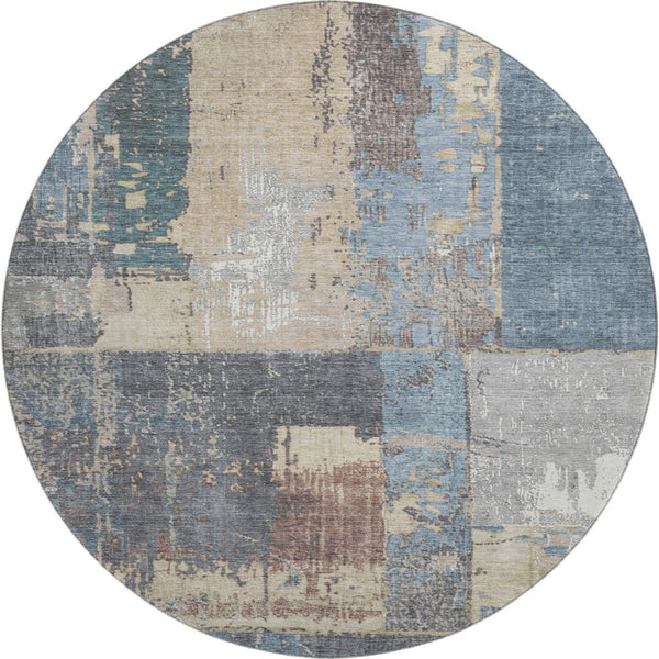 HomeRoots 8' Beige and Blue Abstract Round Rug - Stylish, Washable, UV-Protected for High-Traffic Areas 706232